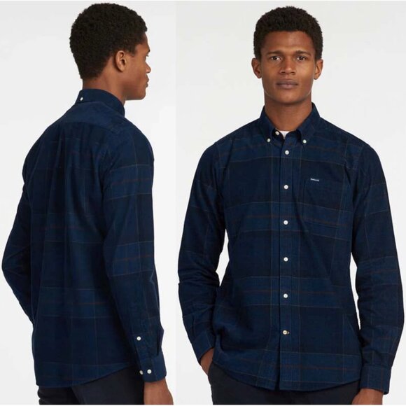 NWT BARBOUR Men's Blair Tailored Shirt Corduroy in Navy Midnight Tartan Size M - Picture 1 of 15